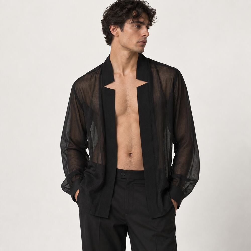 ORTTU Men's Star neck Black Sheer open Cardigan shirt size Small